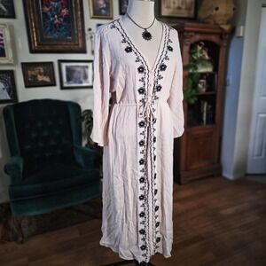 I Joah Womens Pink Embroidered Boho V-Neck Maxi Dress Drawstring Waist Large